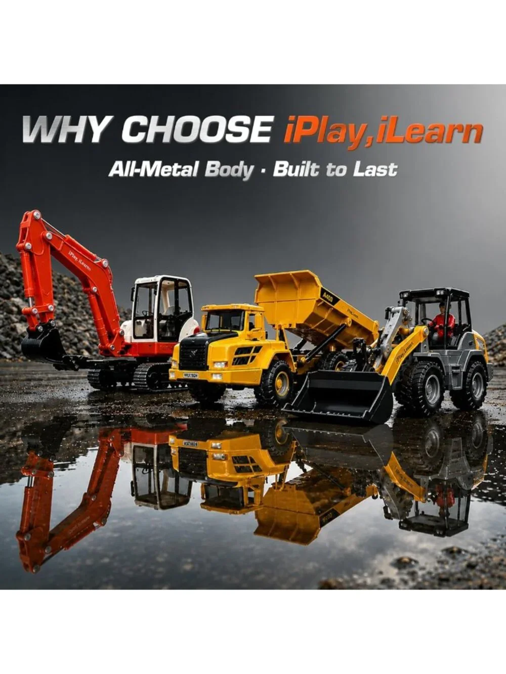Heavy Duty Construction Playset with Metal Dump Truck, Excavator & Bulldozer